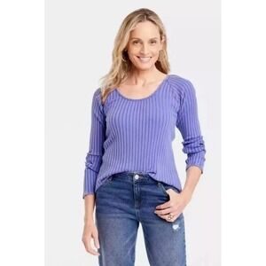 Knox Rose Ribbed Long Sleeve Scoop Neck Top Purple Women's Size L